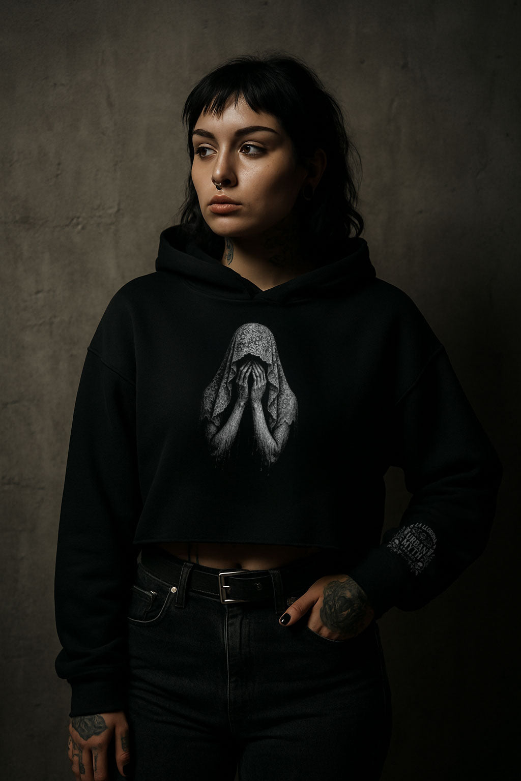 La Llorona Under the Veil Women's Crop Hoodie - Urban Myth Apparel
